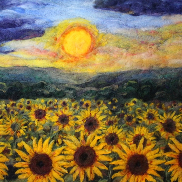 print of sunflower field  needle felt painting prints. 8x10 inch print with white 11x14 matt  home decor