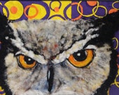 owl, birds of prey geometric fiber  felt painting original art wall décor 16x20in black frame