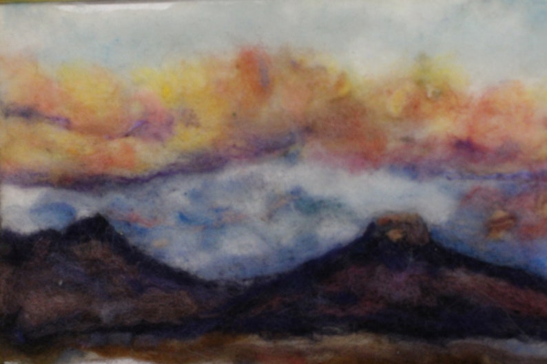 New Mexico sunset needle felt painting 6x16 with 9x18 Italian wood frame image 4