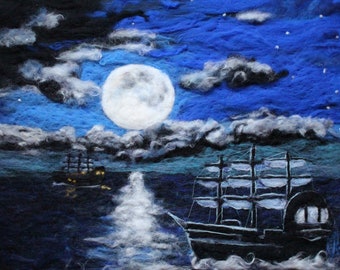 Print of pirate ship, full moon sailing art poster 11x14"