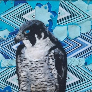 Peregrine falcon , birds of prey series mix media fiber fabric painting , needle felt 17x22inches with wood frame image 2