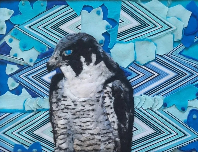 Peregrine falcon , birds of prey series mix media fiber fabric painting , needle felt 17x22inches with wood frame image 2