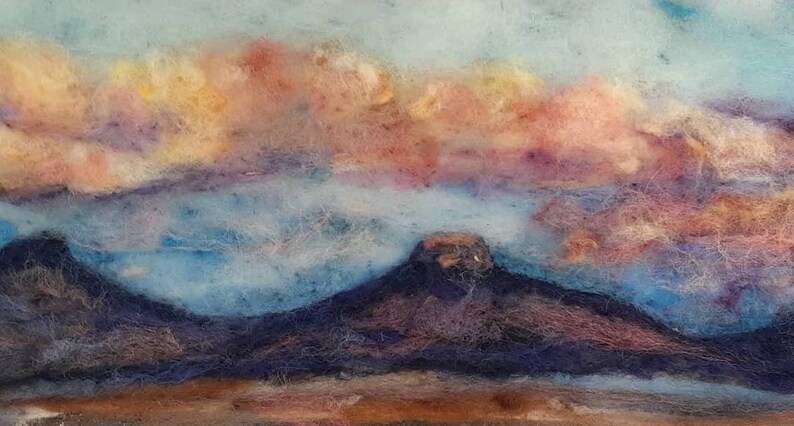 New Mexico sunset needle felt painting 6x16 with 9x18 Italian wood frame image 7