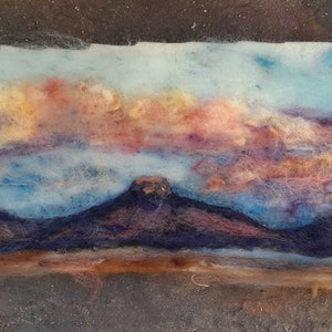 New Mexico sunset needle felt painting 6x16 with 9x18 Italian wood frame image 2