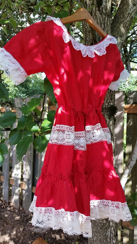 Vintage Red Kid's Dress w/ White & Cream Lace - F… - image 3