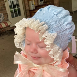 Light blue ready to Smock baby bonnet, hat, christening, dedication