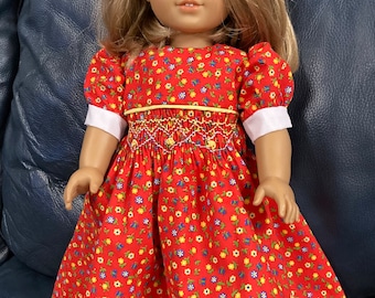 Hand smocking on red floral  doll dress for 18 inch doll,  American Girl and other dolls