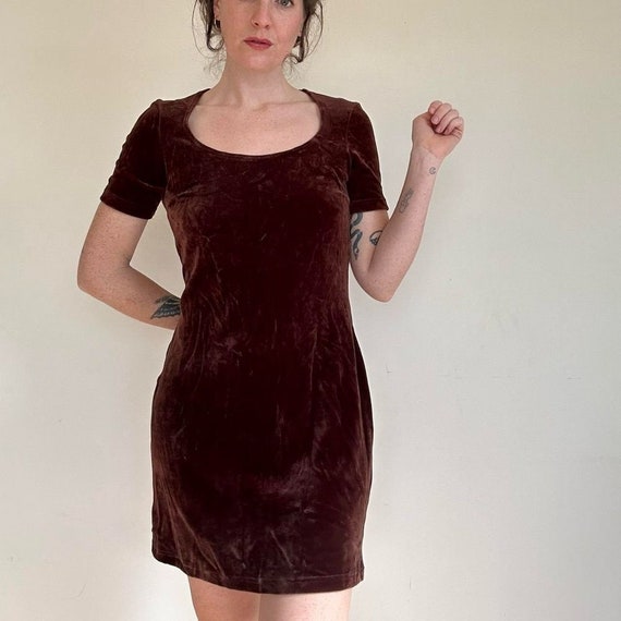 Vintage velveteen mini dress with scoop neck. Siz… - image 4