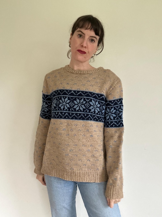 Vintage Hand-Knit Wool Sweater, Nordic Fair Isle Pullover, Tan Blue Winter Knit, Size Large