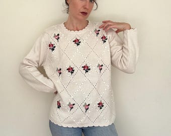 Jersey de punto vintage de los 90 color crema con lazo floral / Bordado de rosa pointelle / Talla grande
