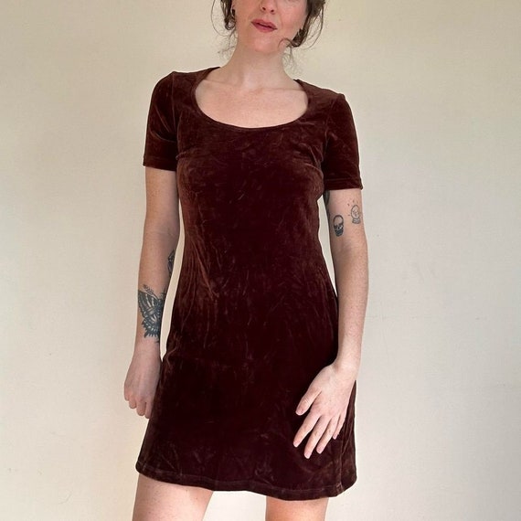 Vintage velveteen mini dress with scoop neck. Siz… - image 5