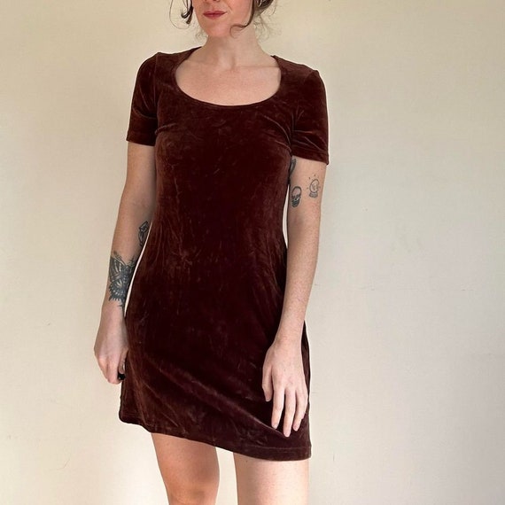 Vintage velveteen mini dress with scoop neck. Siz… - image 8