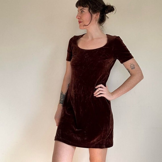 Vintage velveteen mini dress with scoop neck. Siz… - image 7