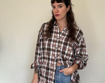 Koszula w kratę w stylu vintage z nadrukiem w serca | Luźny bawełniany top Cottagecore | Koszula w stylu country z lat 90. | XL