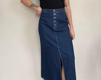 Saia midi jeans vintage da Rota 66 • Cintura alta com botões frontais • Saia jeans minimalista dos anos 90