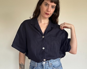 Camisa vintage 100% lino, talla 2X, azul marino, blusa holgada, top extragrande, botones grandes, estilo minimalista.