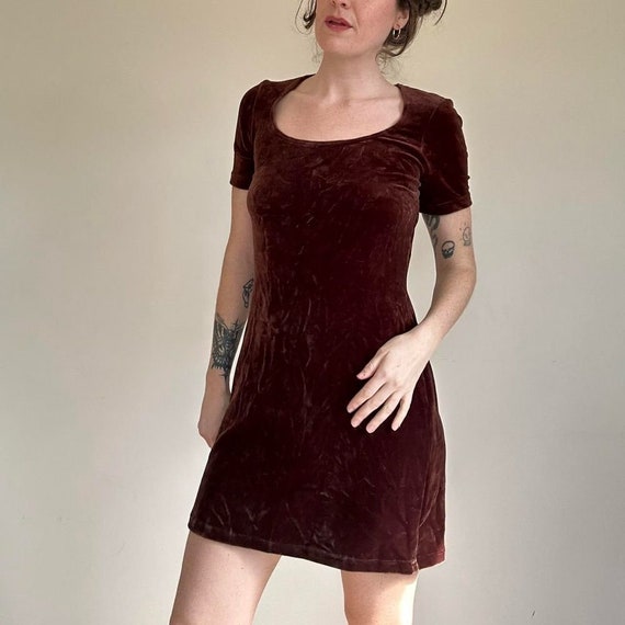 Vintage velveteen mini dress with scoop neck. Siz… - image 2