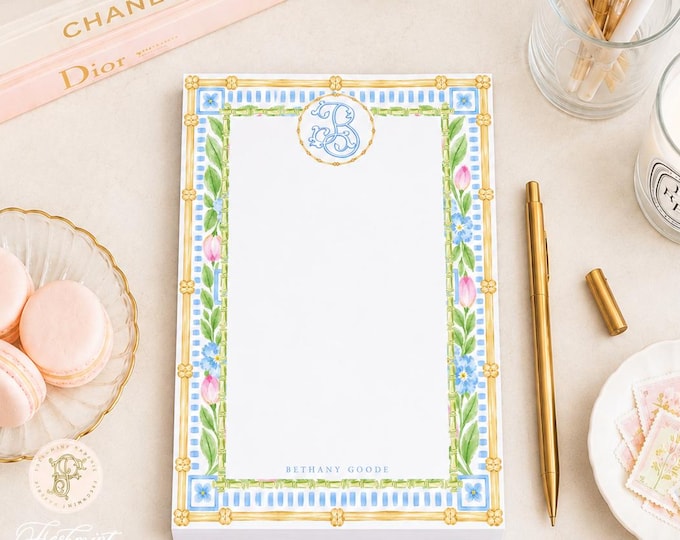 Bamboo Floral Watercolor Notepad: Custom Monogrammed Stationery - 5x7