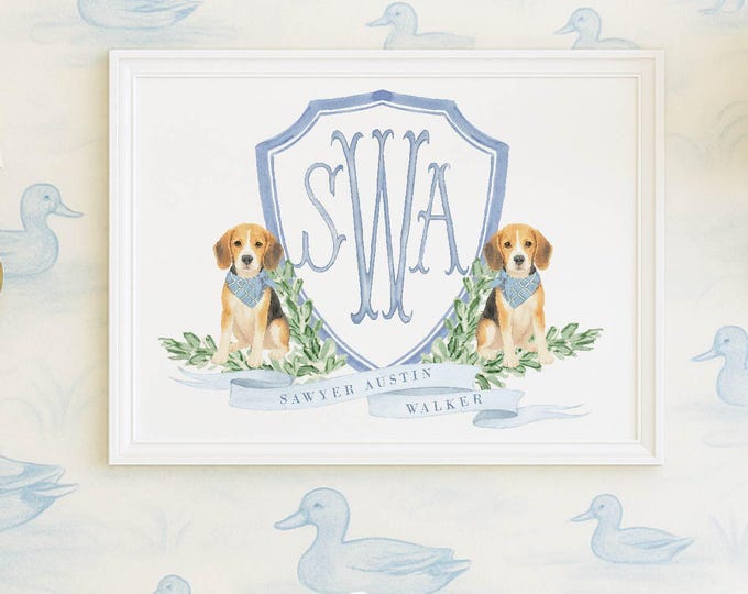 Beagle Nursery Print: Custom Monogram Crest, Dog Wall Art