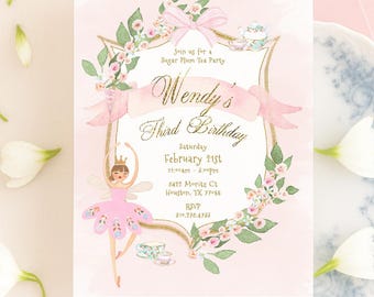 May include: A pink invitation for Wendy's third birthday, featuring a ballerina illustration and floral accents. Includes a matching pink envelope with gold lettering and white flowers scattered around the invitation. The invitation is on a decorative plate.