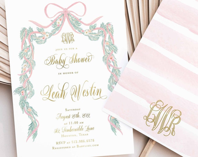 Monogram Baby Shower Invitation - baby shower invitation - baby shower invitation - wreath ribbon invitation - Pink baby shower