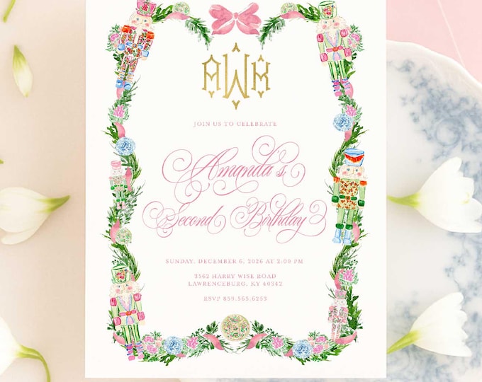 Nutcracker Birthday Invitation, Monogram, Pink Bow, Grandmillennial, Chinoiserie