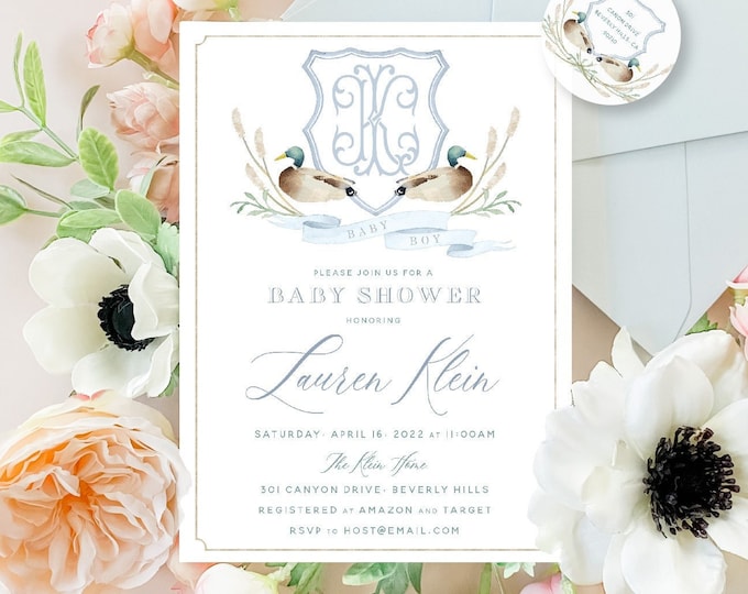 Mallard Duck invitation: Baby Shower Invitation, Monogram, Crest, Grandmillennial