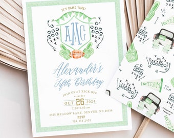 Verjaardagsuitnodiging achterklep, voetbalfeest, sportwedstrijd, monogram