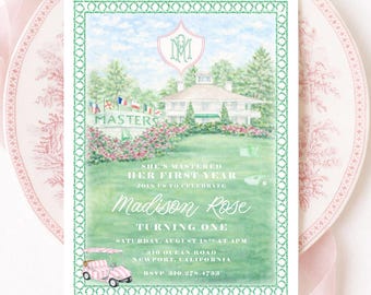 Preppy Pink Golf Birthday Invitation: Monogram, Masters, Watercolor