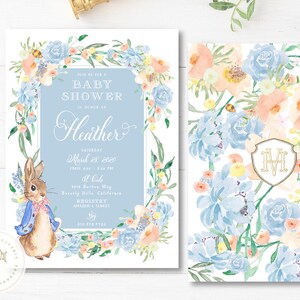 May include: A baby shower invitation with a blue and white floral design. The invitation features a watercolour illustration of a rabbit and the text "Join us for a Baby Shower in honour of Heather".