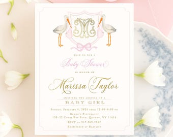 Watercolor Stork Invitations, Stork Invitation, Baby Shower Invitation, Baby Girl Shower, Pink Stork, Grandmillennial, Monogram, Crest