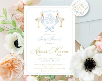 Watercolor Stork Invitations, Stork Invitation, Baby Shower Invitation, Blue Stork Baby Shower, Stork Crest Baby shower, Monogram Stork