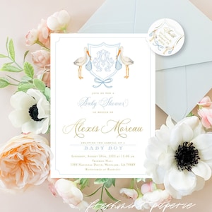 Inviti a forma di cicogna con acquerello, invito a forma di cicogna, invito per baby shower, baby shower con cicogna blu, baby shower con stemma di cicogna, cicogna monogramma
