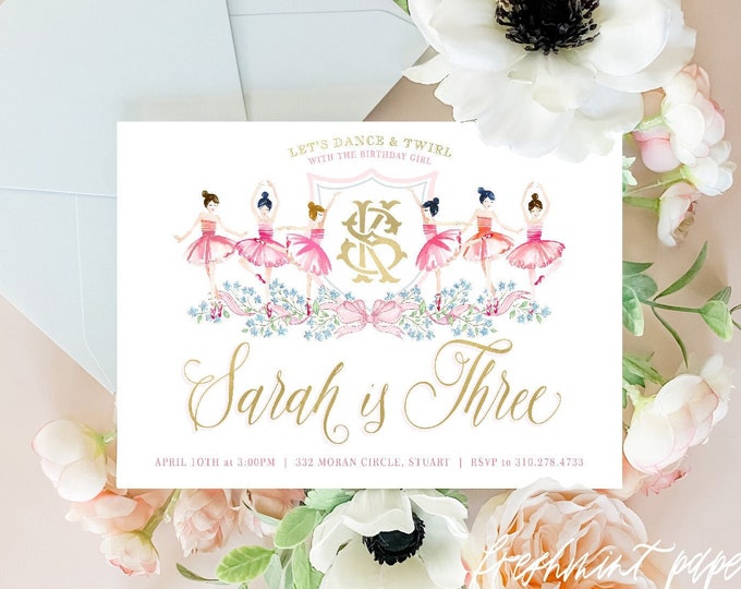 Ballerina Birthday Invitation – Personalized Dance Party Invite, Monogram, Tutu