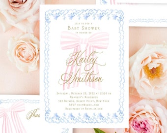 Chinoiserie Baby Shower Invitation: Pink Ribbon, Monogram
