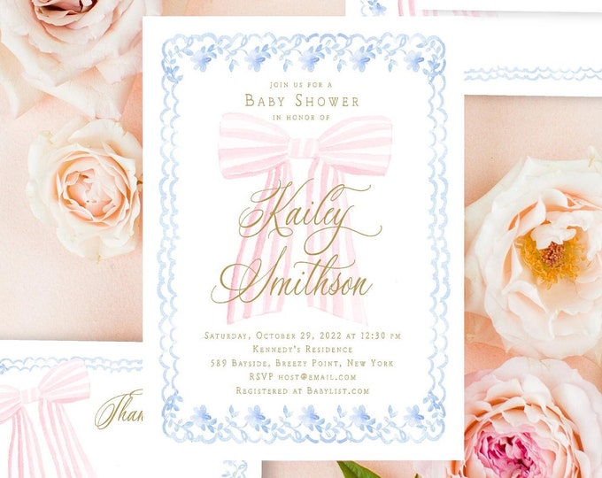 Chinoiserie Baby Shower Invitation: Pink Ribbon, Monogram