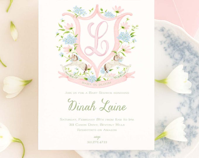 Rocking Horse Baby Shower Invitation, Hydrangeas, Watercolor, Monogram, Crest, Grandmillennial