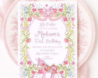 Fiesta Birthday Invitation, Watercolor Fiesta Party, Girly, Pink Bow, Floral Border