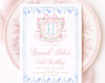 Monogram Birthday Invitation, Chinoiserie, Blue Toile, Crest, Grandmillennial, Pagoda