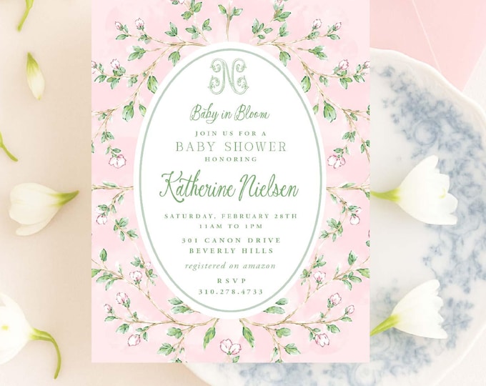 Baby in Bloom, Chinoiserie Invitation, Cherry Blossom, Monogram, Grandmillennial, Pink Floral, Heirloom