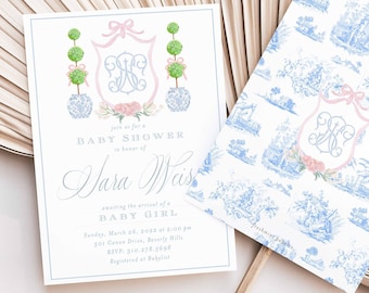 May include: A white baby shower invitation with a pink and green floral design. The invitation features a monogram with the initials "K.W." and the text "Join us for a Baby Shower in honour of Kara Weiss celebrating the arrival of a Baby Girl. Sunday, 26th March 2023 at 4 pm. 611 Easton Ave, Beverly Hills. RSVP 310 214 0068. Registered at Babies R Us."