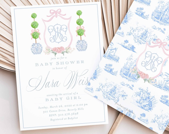 Chinoiserie invitation - Monogram invitation - Ginger Jar Invitation - Topiary Baby Shower invitation - Baby Shower Invitation