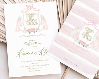 Bunny baby shower invitations, Bunny invitation, baby shower, Easter invitation, Pink Bunny invitation, Floral Bunny Baby shower