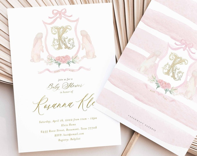 Bunny baby shower invitations, Bunny invitation, baby shower, Easter invitation, Pink Bunny invitation, Floral Bunny Baby shower