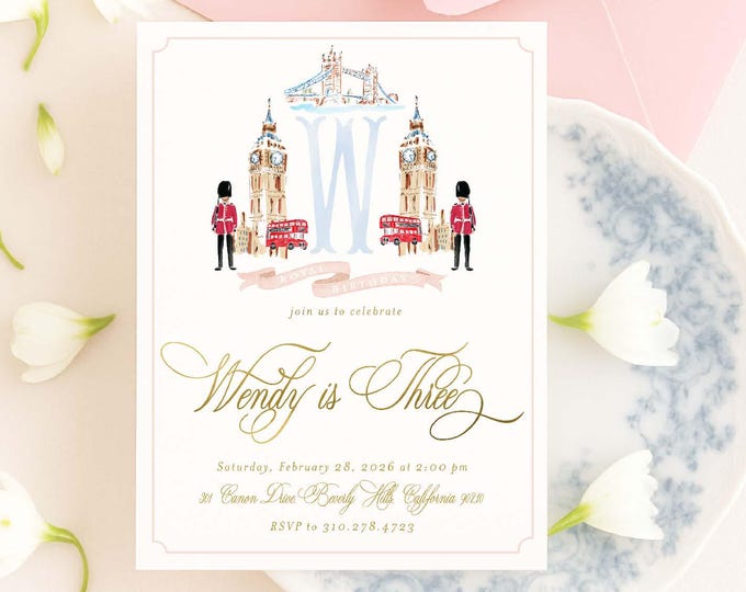 London invitation, British Birthday, Big Ben, England, Watercolor, Monogram