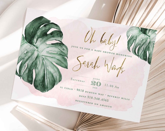 Tropical invitation | Palm leaf invitation | Blush Baby Shower Invitation | Tropical Greenery Leaves | Jungle Watercolor | Monstera Leaf