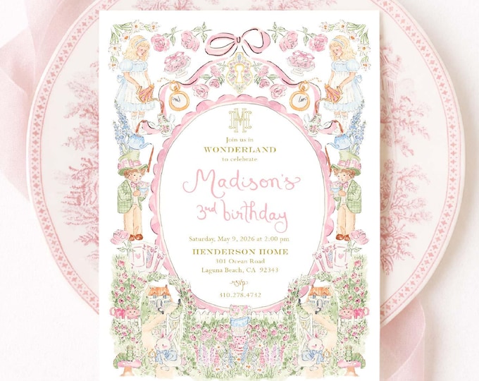 Wonderland Birthday Invitation: Onederland, Pink Bow, Grandmillennial, Alice, Bunny, Whimsical, Gingham, Monogram