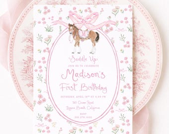 Pony Birthday Invitation, Watercolor Horse Party, Grandmillennial Preppy, Girly, Pink Bow, Floral Border