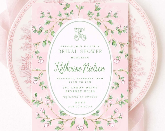 Chinoiserie Bridal Shower Invitation, Monogram, Brunch, Watercolor