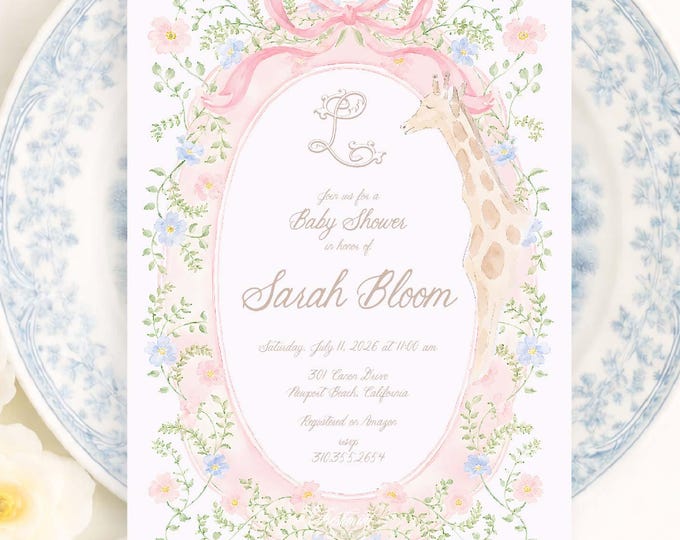 Floral Giraffe Baby Shower Invitation, Pink Bow, Watercolor, Grandmillennial, Monogram